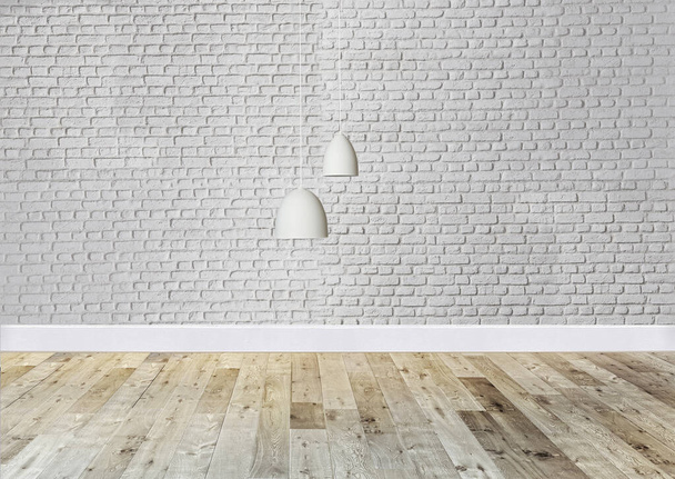 design interior vazio com piso de madeira e parede de pedra decorativa. Ilustração 3D - Foto, Imagem