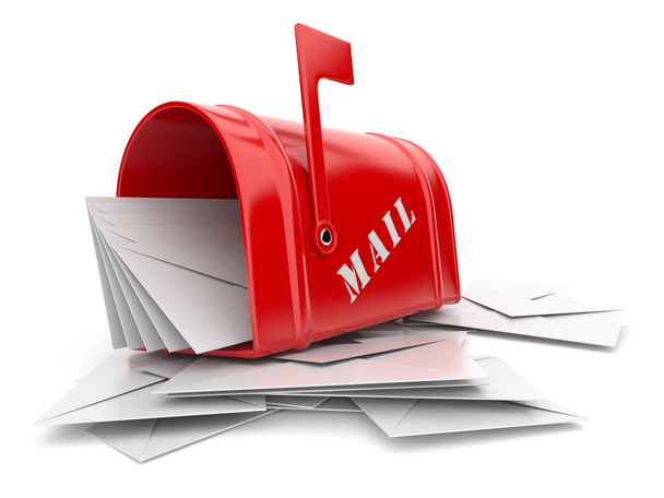 Red mail box with heap of letters. 3D illustration isolated - Фото, изображение