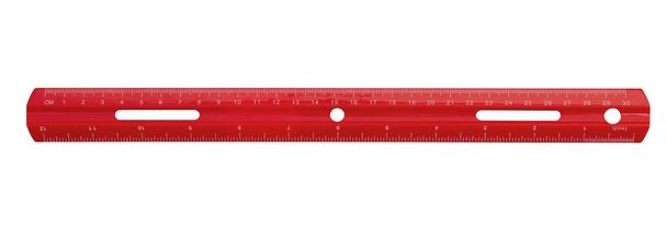 Czerwony plastik 12 calowy linijka z metrycznym izolowane na białym - Zdjęcie, obraz