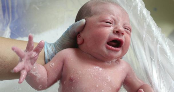 Newborn baby crying taking bath - Foto, immagini