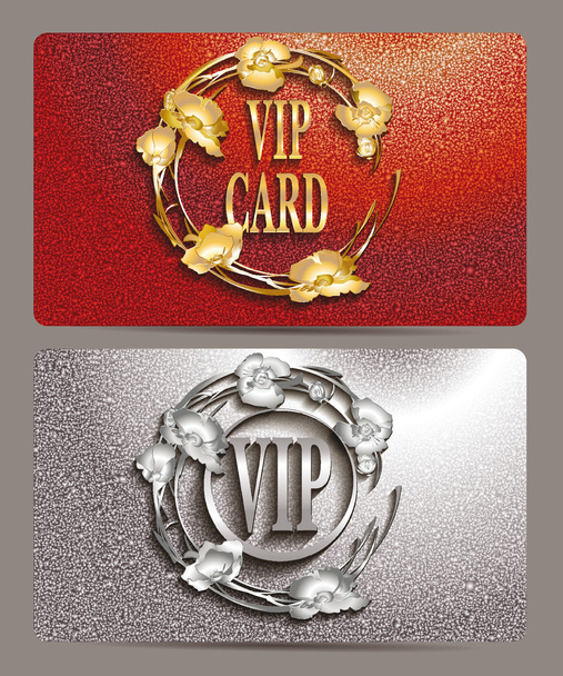 VIP textured red and silver cards with floral design - Vector, Image