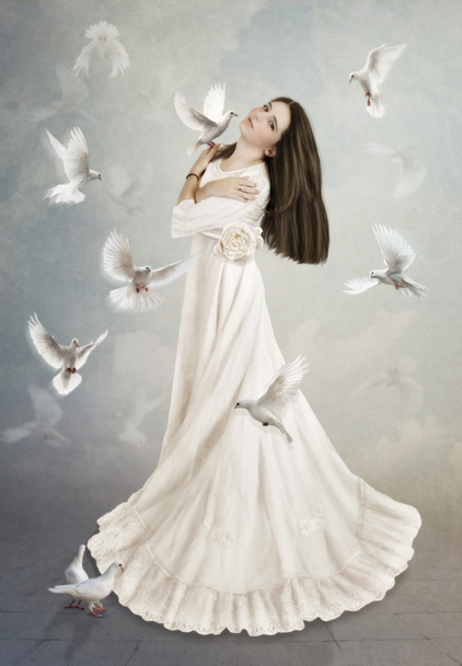 Girl surrounded by doves - Zdjęcie, obraz