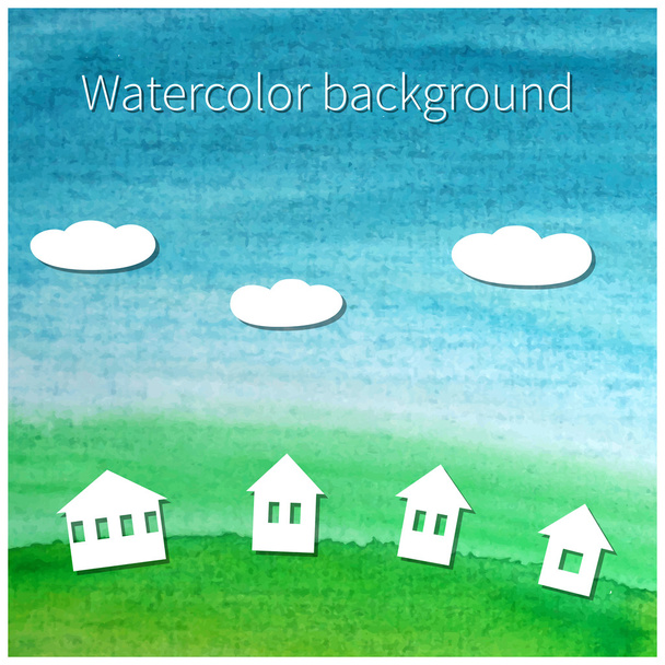 Watercolor background with  houses and clouds - Vetor, Imagem