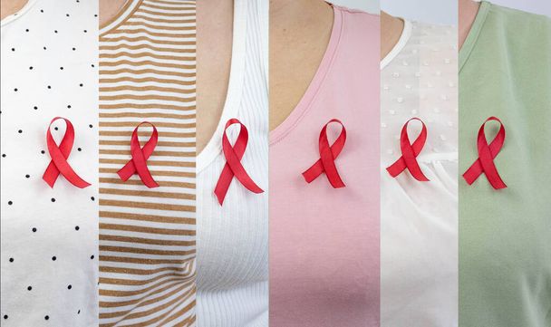 Collage met vrouwen met een rood lint voor December World Aids Day en National Red ribbon week. - Foto, afbeelding