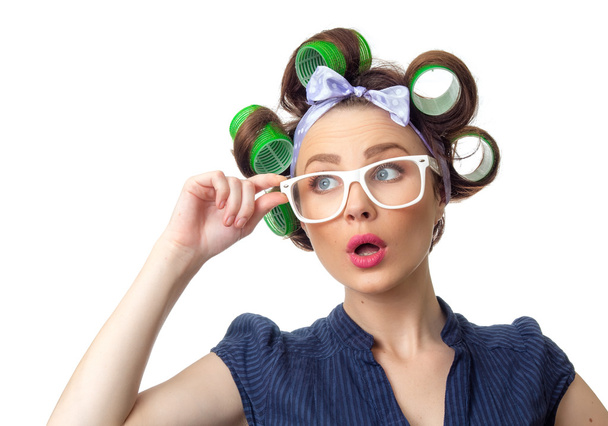 Young woman with curlers - Foto, Imagen