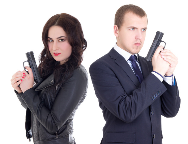 fiatal férfi öltöny és elegáns nő fegyvereket elszigetelt  - Fotó, kép