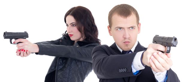 hombre y mujer de disparos con armas de fuego aislados en blanco - Foto, imagen