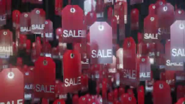 Red Sale Tags on String.Loopable footage with a bunch of red sale tags spinning on a rope with a black background. Tökéletes reklámokban, promóciós videókban vagy közösségi médiában való használatra. Ultra HD 4K 3840x2160 animáció. - Felvétel, videó