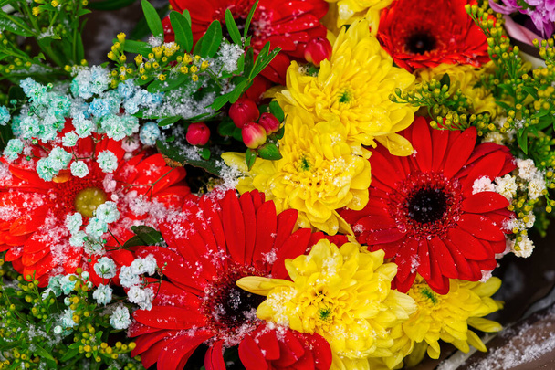 Güzel Karışık Çiçek Buketleri: Kadınlar Günü ve Anneler Günü için Güller, Gerberalar, karanfiller, laleler - Fotoğraf, Görsel
