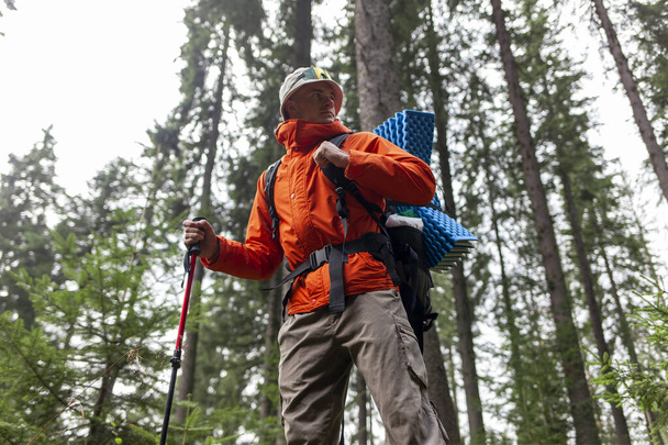чоловічий турист з рюкзаком і пішохідним обладнанням ходить в лісі, хлопець в помаранчевій куртці йде в гори з пішохідним полюсом - Фото, зображення