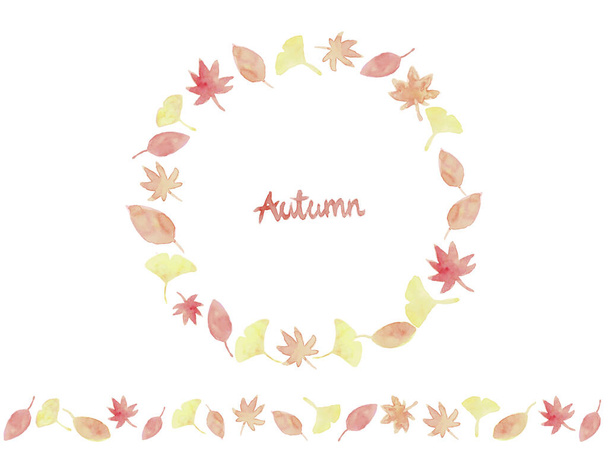 Podzimní kruhový rám a dekorativní okraj javoru a ginkga malované akvarelem. Materiál v klidných barvách oranžové a žluté. - Vektor, obrázek
