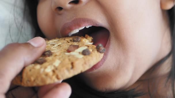 közelkép a gyermek eszik teljes étkezés cookie-k , - Felvétel, videó