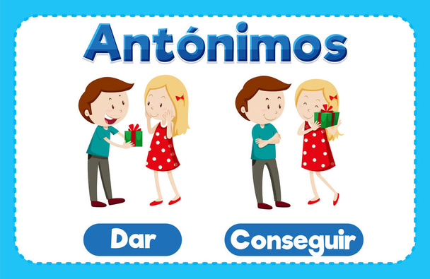 Illusztrált szó kártyák spanyol oktatási, jellemző antonymák Add and Get - Vektor, kép