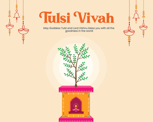 Shubh Tulsi Vivah καλύτερες ευχές θέση του γάμου του Αγίου Βασιλείου Plant. - Διάνυσμα, εικόνα