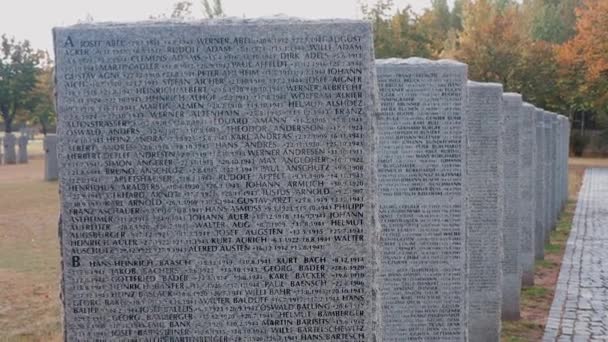 Tombstones with the names of German soldiers who died in the Second World War. Beautiful German cemetery near Kyiv. There are many names of dead soldiers. Stone tombstones. - Footage, Video