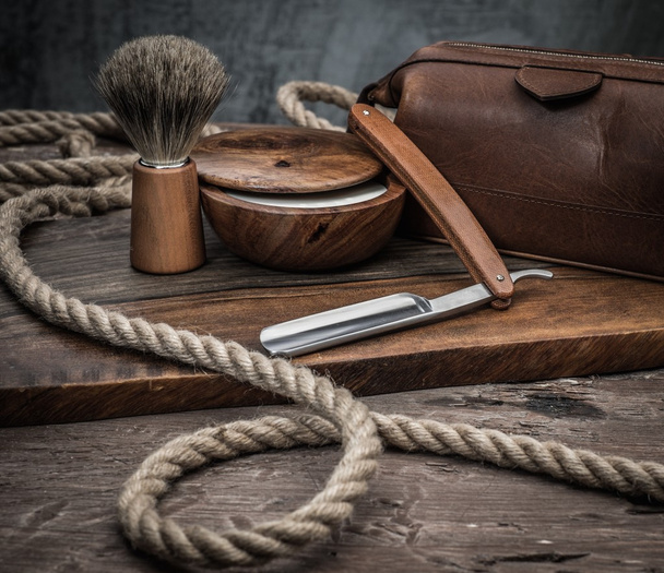 Shaving accessories on a luxury wooden background  - Photo, Image