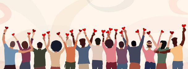 Group of diverse people seen from behind with hands raised holding a heart. Charitable donation and volunteer work. Community.NGO.Aid.Non profit.Support and assistance. People diversity - Vector, Image