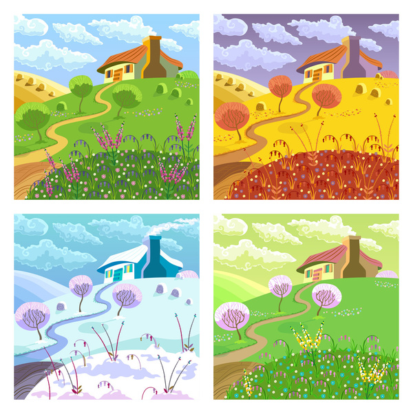 Rural landscape. Four seasons. - Vector, Image