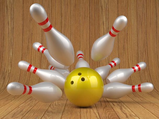 Bowling ball and scattered skittles - Foto, afbeelding
