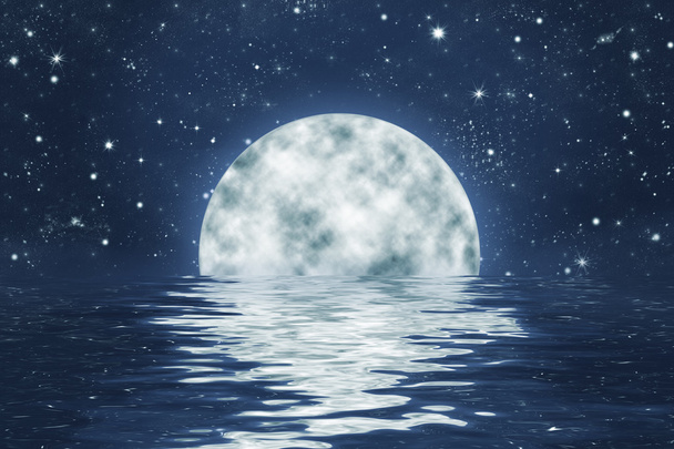Lua cheia em água com reflexão, céu estrelado noite fundo
 - Foto, Imagem