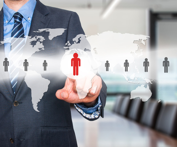 Businessman touching human resources sign - HR, HRM, HRD concept. World Map. Stock Image - Φωτογραφία, εικόνα
