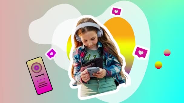 Girl headphones smartphone social media ad creative stop motion animation. Child listens to music app songs playlist gradient colors Like button User engagement Modern funky trendy urban style graphic - Footage, Video