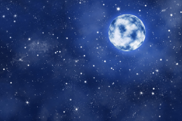 Pleine lune lumineuse sur fond de ciel étoilé nocturne, avec nébuleuse bleue
 - Photo, image