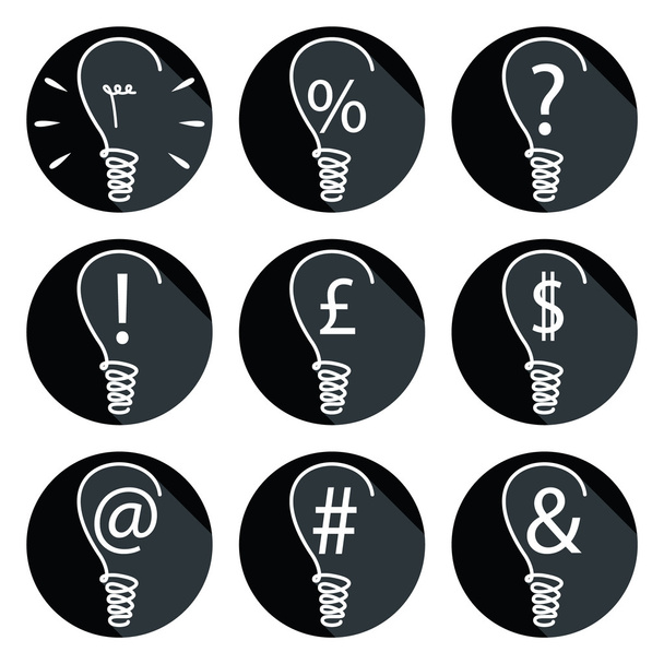 Ideas - conjunto de bombillas de iconos con elementos asociados, tales como signo de porcentaje, signo de exclamación, signo de dólar, libra esterlina, signo de interrogación, signo de correo, y ampersand
 - Vector, imagen