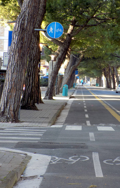 Pista ciclabile e indicazioni per piste ciclabili e pedonali sulla strada della città
 - Foto, immagini