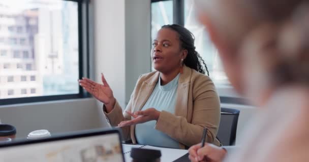 Business people, teamwork or black woman in meeting, planning or cooperation in workplace. Staff, group or manager with employees, brainstorming or support with collaboration, talking or cooperation. - Footage, Video