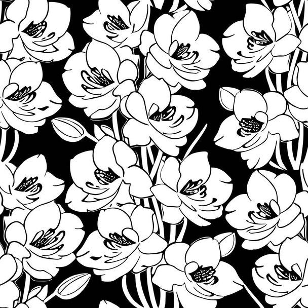 naadloos zwart-wit bloemenpatroon, monochroom ornament, design, textuur - Vector, afbeelding