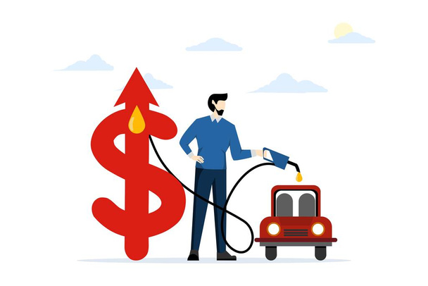 Concept of rising fuel prices, fuel economy crisis and expensive gas prices. A young man is refueling his private car. fuel prices soared. inflation. flat vector illustration on white background. - Vector, Image