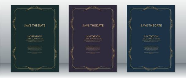 Plantilla de tarjeta de invitación de boda de lujo diseño vintage fondo elegante con marco de hoja de oro  - Vector, Imagen