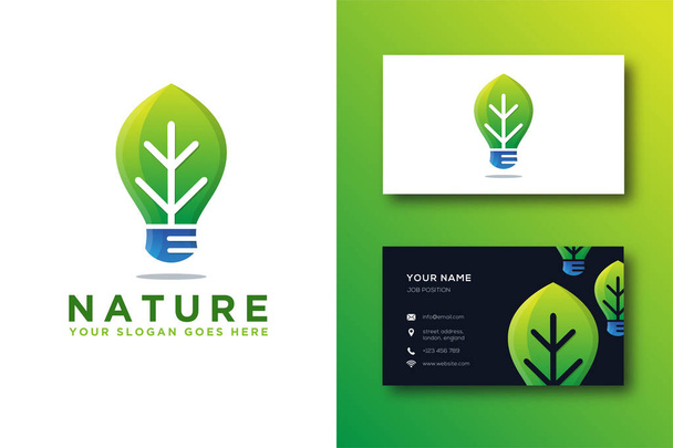 Leaf and lighting bulb logo and business card template - Vector, Image