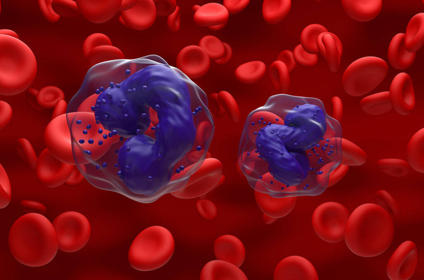 Chronisch-myeloische Leukämie-Zellen (CML) im Blutfluss - Nahaufnahme 3D-Illustration - Foto, Bild
