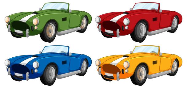 Vier cartoon-stijl vintage converteerbare auto 's geïsoleerd op een witte achtergrond - Vector, afbeelding