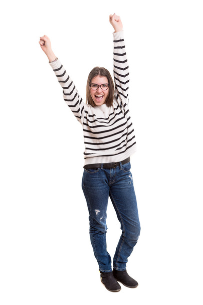 Happy woman with raised arms - Zdjęcie, obraz