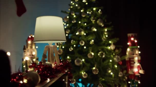 Χριστουγεννιάτικο δέντρο με φώτα και καρυοθραύστη.  - Πλάνα, βίντεο