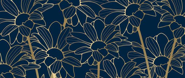 Luxus virágvektor kék háttér arany százszorszép körvonalú. Absztrakt háttér dekoráció, tapéta, borítók, kártyák és bemutatók. - Vektor, kép