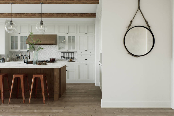 Cozinha tradicional em forma de L com grande ilha e utensílios de cozinha. Interior da cozinha com armários brancos e ilha de madeira. Renderização 3D - Foto, Imagem