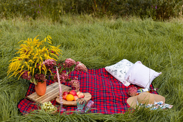 Свежие фрукты, ягоды, цветы на клетчатом одеяле. Летний пикник на траве. Высокое качество фото - Фото, изображение