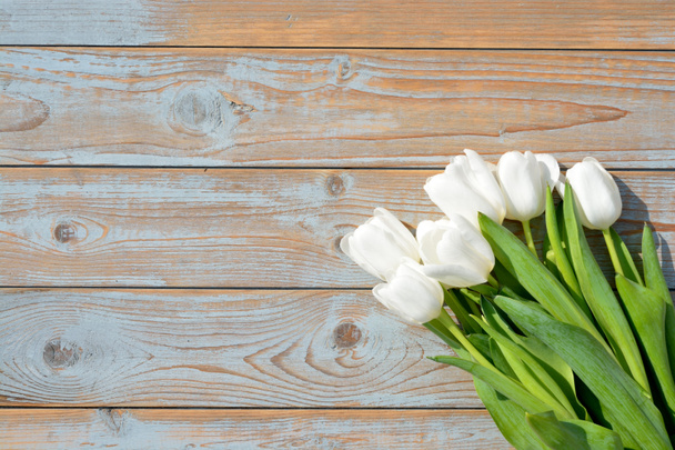 Ramo de tulipanes blancos sobre un viejo fondo de estantes de madera gris azul usado con diseño de espacio vacío
 - Foto, imagen