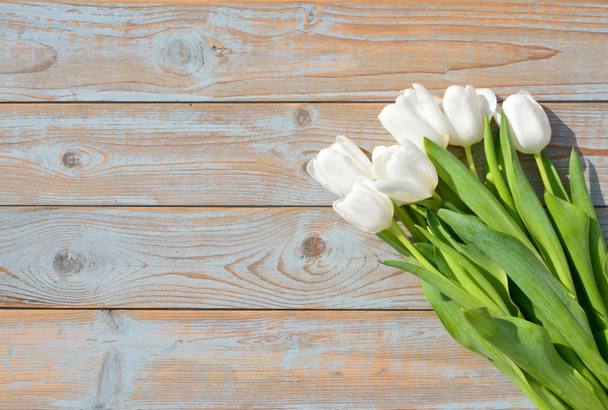 Bando de tulipas brancas em um velho usado prateleiras de madeira cinza azul fundo com layout de espaço vazio
 - Foto, Imagem