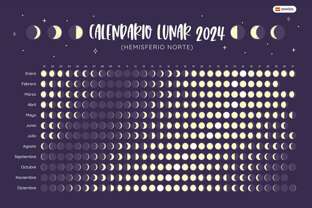 2024 Calendar. Moon phases foreseen from Northern Hemisphere. Spanish Text. Year view sheet. EPS Vector. No editable text. - Vector, Image