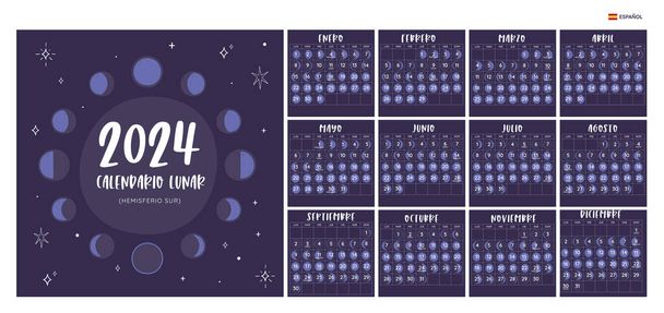2024 Calendar. Moon phases foreseen from Southern Hemisphere. Spanish Text. One month per sheet. Square format. Week starts on Monday. EPS Vector. No editable text. - Vector, Image