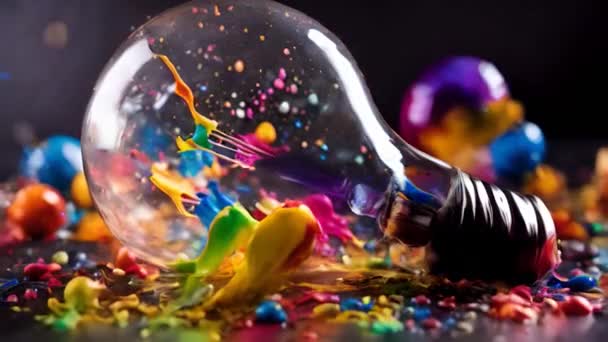 Light bulb explodes with colorful paint and splashes on a black background. Think differently, creative ideas symbol concept. - Footage, Video