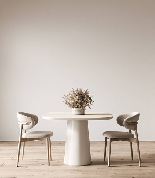 Ο εσωτερικός σχεδιασμός αναδεικνύει ένα μινιμαλιστικό τραπέζι και καρέκλες, αντανακλώντας τη σύγχρονη κομψότητα και δημιουργικότητα. 3d απόδοση. Υψηλής ποιότητας τρισδιάστατη απεικόνιση. - Φωτογραφία, εικόνα