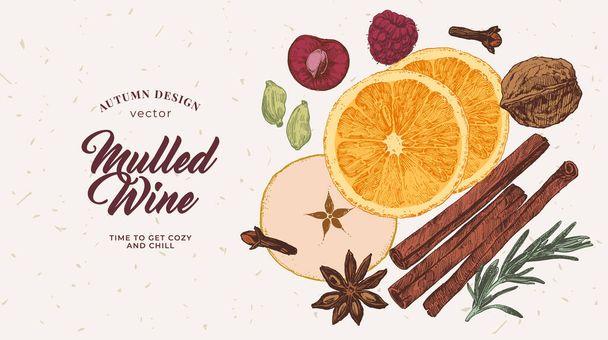 Scheda ricetta vin brulè, illustrazione culinaria, menu bevande calde, ingredienti per vin brulè trafilati a mano - Vettoriali, immagini