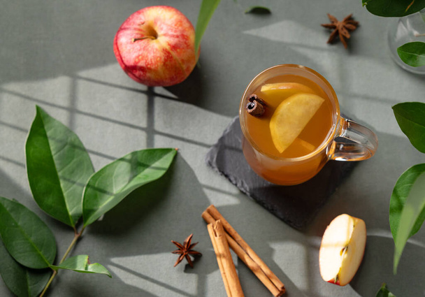 Homemade apple punch with fresh apples, cinnamon and spices in cup on a green background with fresh fruits, branch and morning shadows. A hot healthy autumn drink. Top view. - Photo, Image