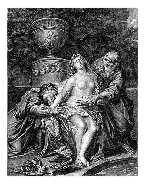 Сюзанна и старейшины, Джейкоб Гоул, после Антуана Койпель, 1675 - 1724 Сюзанна подвергается нападению двух старейшин во время ее ванны. - Фото, изображение